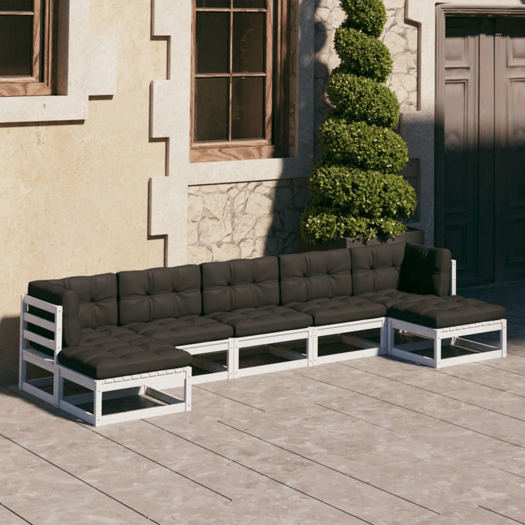7-tlg. Garten-Lounge-Set mit Kissen Weiss Kiefer Massivholz